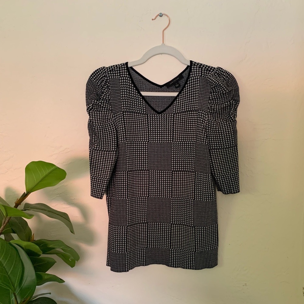 Ann Taylor Plaid Black and White Puffy Sleeve Top Size Medium